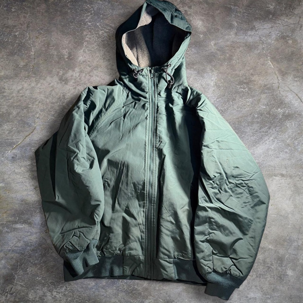 Lands End Green Fleece Lined Hooded Bomber Jacket Mens M 10-12 Vintage Korea